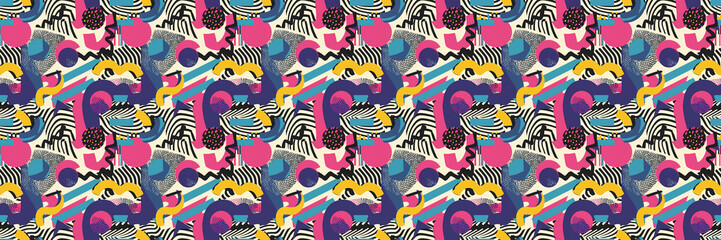 Seamless pattern with geometric shapes in the style. Multicolored vintage background with triangles, circles and squares for textile, fabric and Sudanese fabric art.