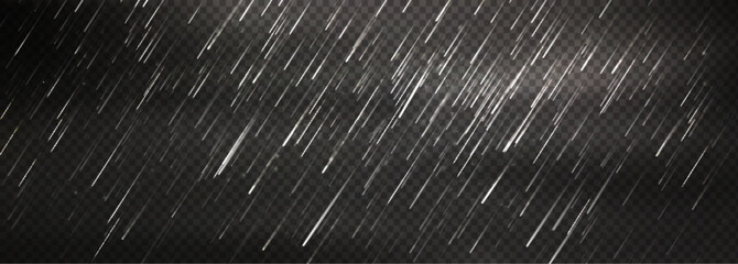Rainy effect overlay with diagonal white streaks on dark transparent background. Dynamic pattern of falling drops for wet weather simulation. Stormy raindrops texture for autumn season design.