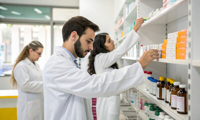 Obraz premium pharmacist retail arranging business healthcare professional medical treatment store working job occupation retail expertise pharmacy group teamwork female male woman man doctor nurse pill 