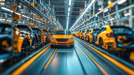 Obraz premium Yellow car on assembly line in factory.