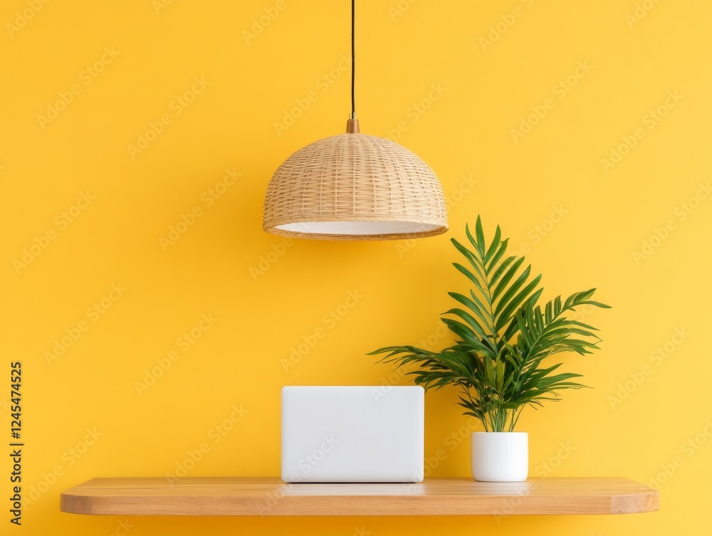 Poster minimalist workspace aesthetic bamboo pendant and wooden shelf with laptop on yellow - inspiring dig