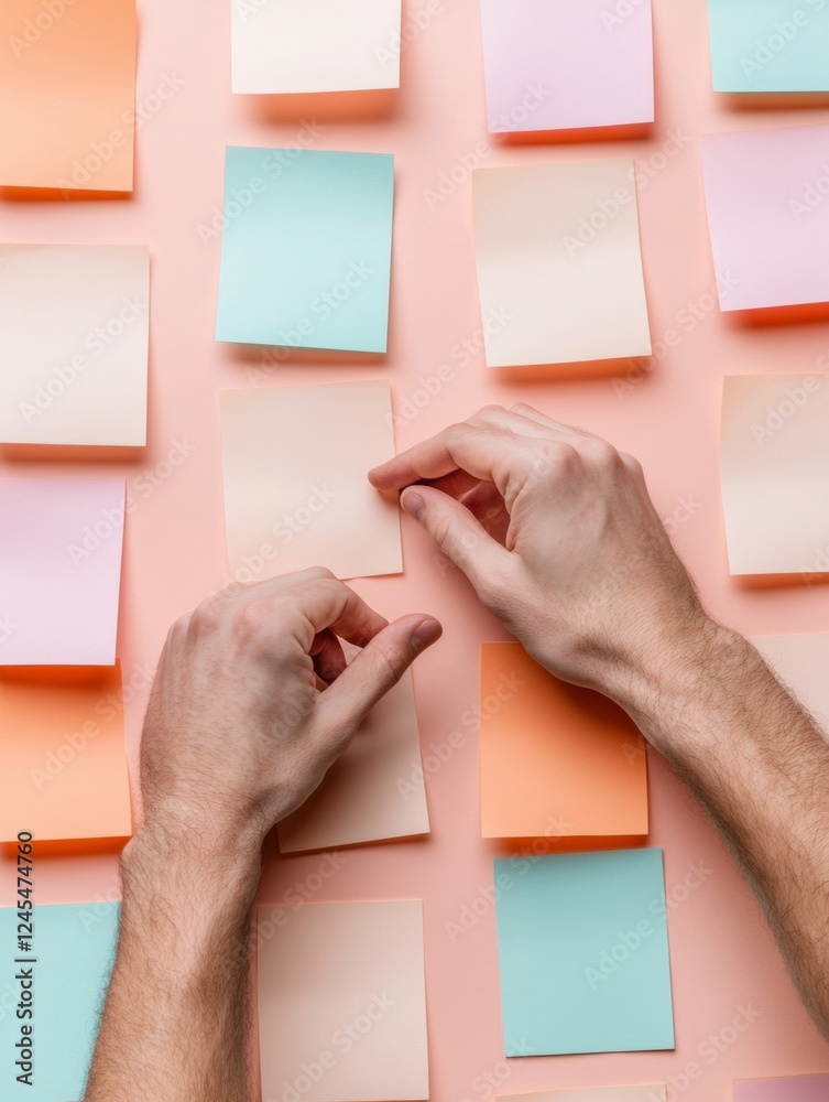 Poster creative workflow planning collaborative task cards on pastel wall for youthful office strategy - en