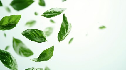 Fototapeta premium Fresh basil leaves in air on white background