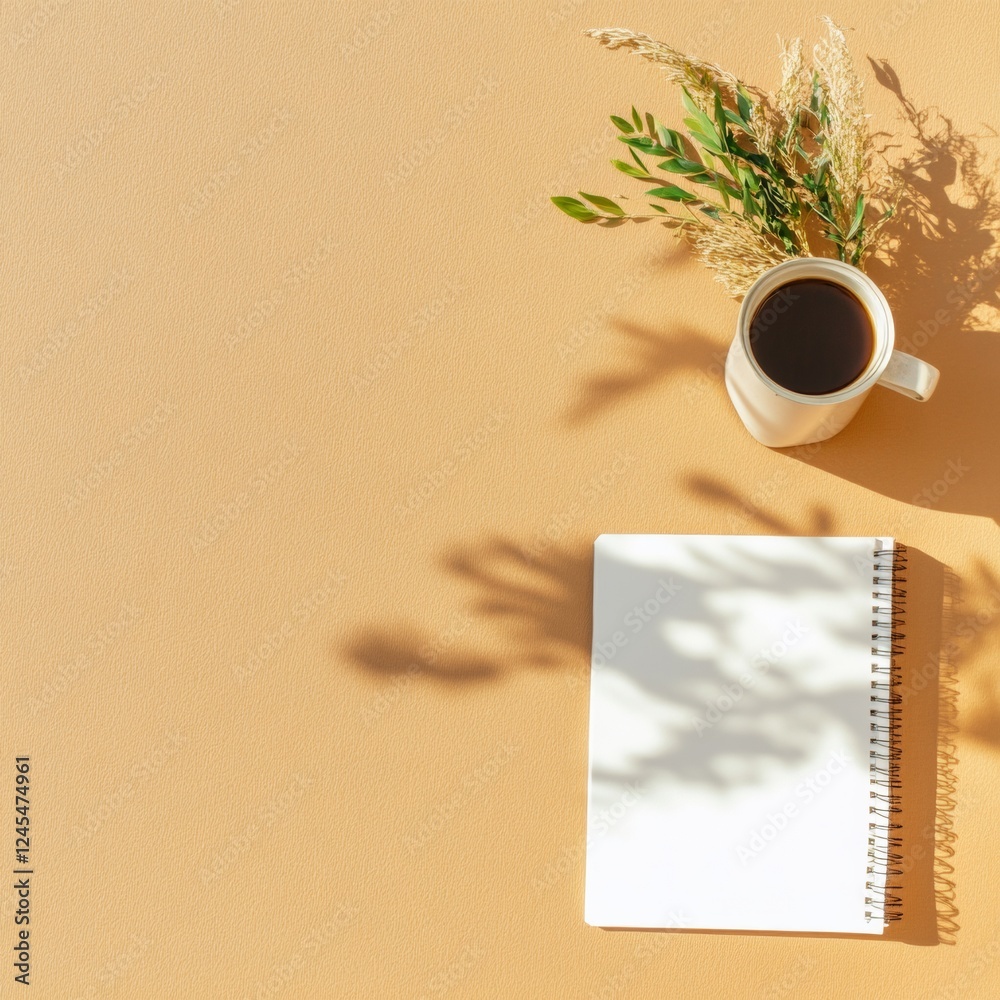 Poster Natural Minimalism in Office Spaces Ceramic Cup with Coffee and Blank Notebook on Textured Surface - Professional Content for Modern Workplace Design and Stress-free Productivity