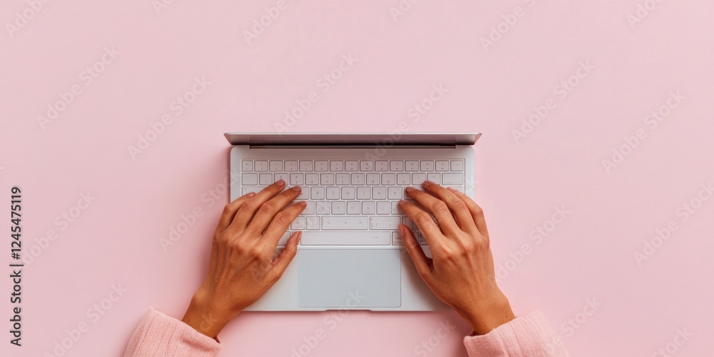 Poster modern minimalist workspace womens hands typing on laptop - sleek design for digital nomad lifestyle