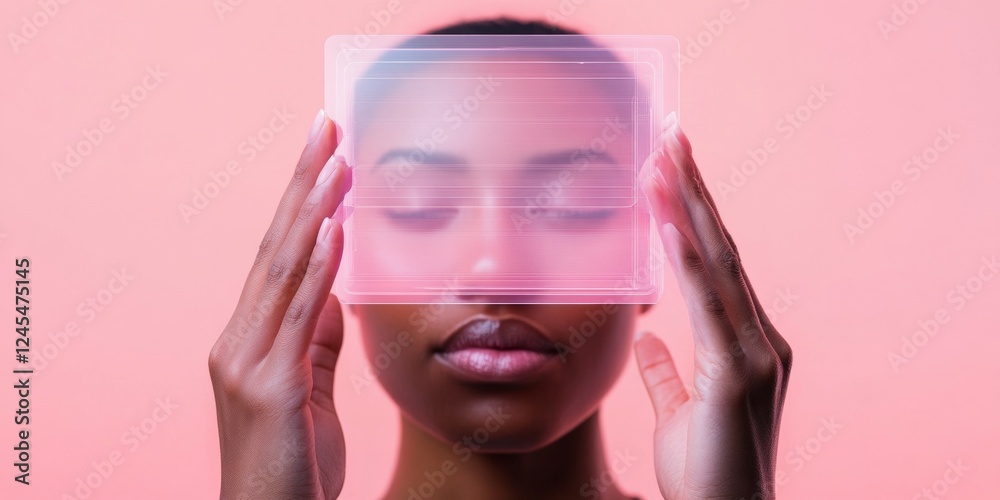 Poster contemporary digital elegance futuristic transparent interface with womans hands - tech-infused visu