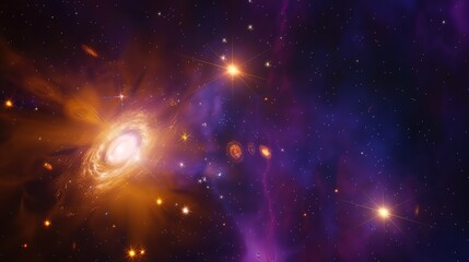 Fototapeta premium A breathtaking cosmic spiral galaxy adorned with glowing stars and magnificent nebulae in the vast expanse of deep space. The celestial beauty showcases the wonders of the universe, with the spiral 