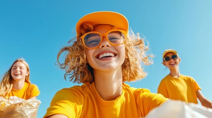 Vibrant Youthful Energy Teens in Yellow Engaged in Beach Cleanup under Clear Blue Skies - Dynamic Content for Environmental Campaigns and Sustainable Volunteer Initiatives