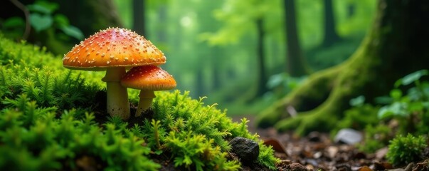 Mossy forest floor with marone mushrooms and ferns, forest floor, green
