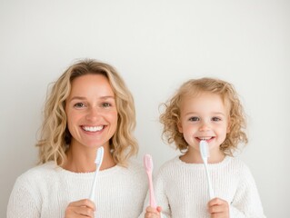 Minimalist Family Oral Care Parent and Child Brushing Teeth in Bright Bathroom Setting - Health and Wellness Content for Modern Family Wellbeing