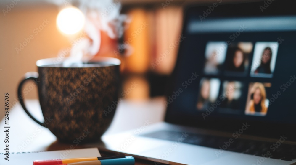 Leinwandbilder contemporary online learning setup diverse students on laptop screen in cozy workspace - enhancing r