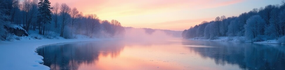 Misty dawn on the frozen surface of Balyiktyig river, serenity, frosty