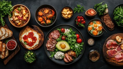 Many different healthy food on dark textured table, flat lay