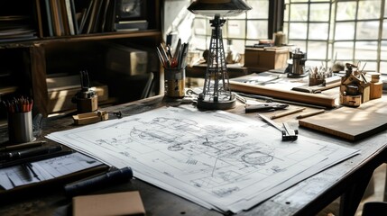 Vintage Engineering Blueprint on Wooden Desk, Antique Tools and Instruments