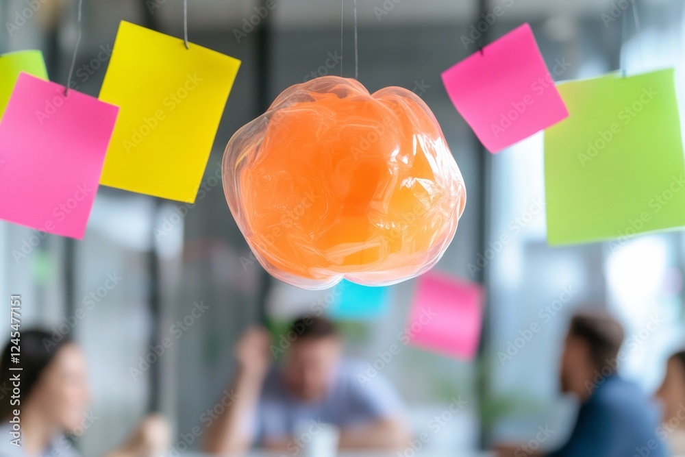 Poster Dynamic Office Holography Colorful Floating Sticky Notes for Innovative Team Brainstorming - Enhancing Creativity and Collaboration in Tech-Driven Workspaces