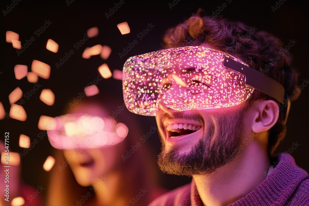 Poster Immersive Tech Integration Neon Holographic Visor with Floating Notes - Elevating Creative Collaboration and Workplace Innovation for Modern Office Dynamics