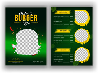 Fast food restaurant menu or Burger menu design, restaurant food menu template, restaurant cafe menu design with A4 size menu editable file.
