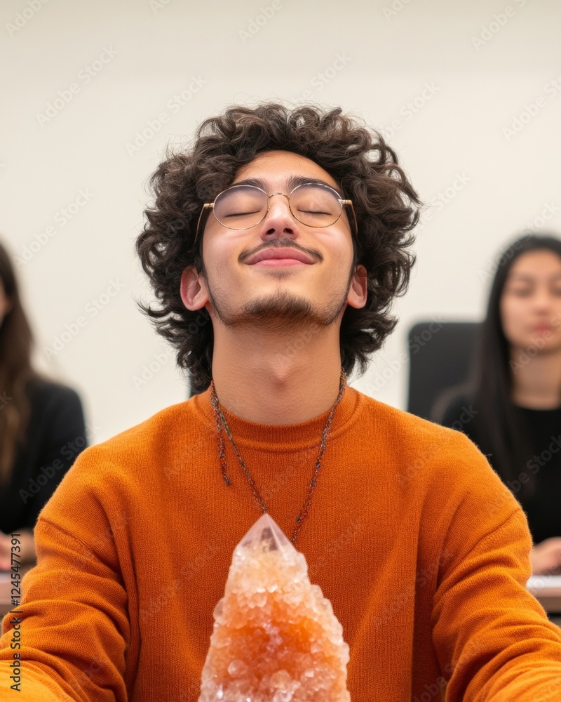 Poster mindful office vibes crystal meditation with diverse team in cozy workspace - enhance creativity and