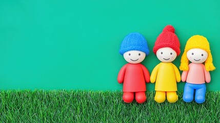 Happy dolls on grass, green background, friendship, childhood