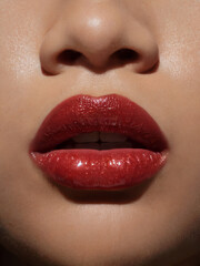 Fototapeta premium Close-up of lips with cherry red brown lipstick or lip gloss 