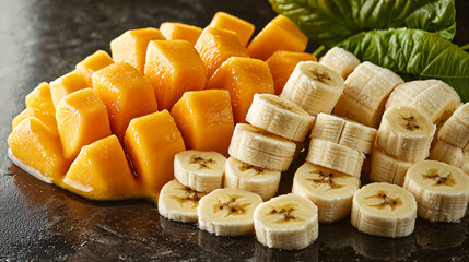 Frozen Mango & Banana Smoothie Magic – A close-up of blended tropical smoothie ingredients, artistically arranged on a sleek surface, emphasizing their vibrant textures and colors. 