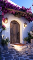 Fototapeta premium ブーゲンビリアに囲まれた白壁の家と木製ドア | White-Walled House with Wooden Door Surrounded by Bougainvillea