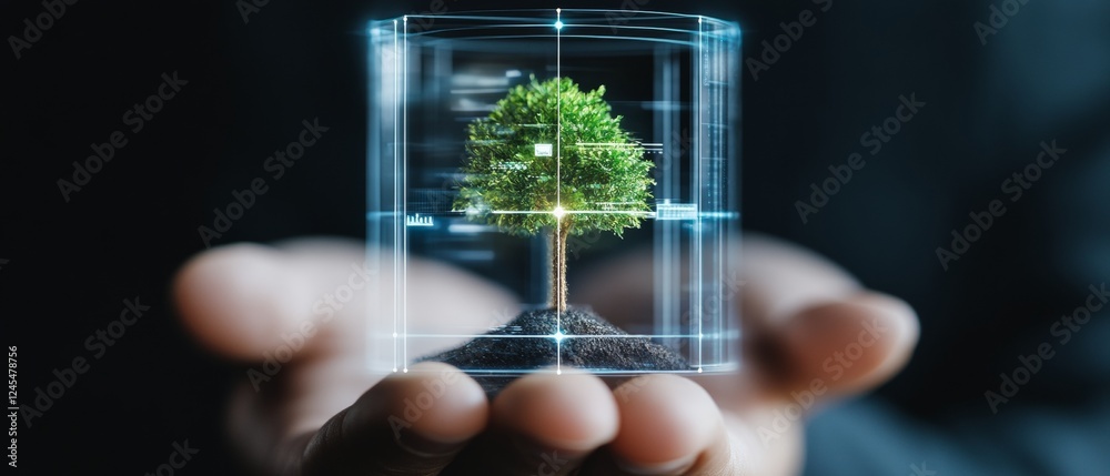 Aufkleber Biophilic Tech Integration Holographic Tree Visualization in Human Hand - Eco-Friendly Innovation for Sustainable Business Solutions and Digital Conservation Strategies