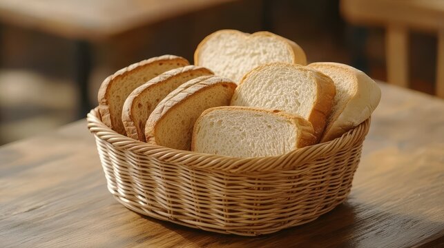 Wicker basket with different types of fresh bread on wooden table