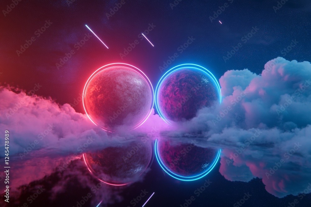 Poster neon cosmic design vibrant magenta and cyan planets in reflective pool - sci-fi art for digital mark