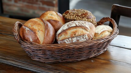 Wicker basket with different types of fresh bread on wooden table