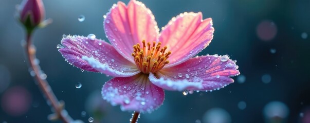 Frozen water droplets on a delicate flower with intricate petals, icy flowers, frost