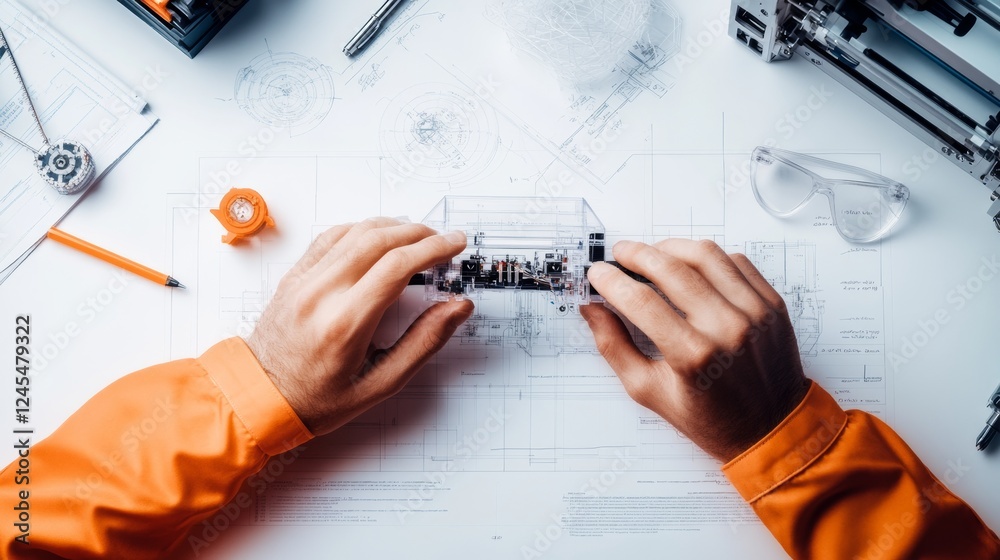 Fototapete tech-inspired workspace precision engineering of printer prototype on architectural blueprint - mode