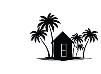  Summer Beach hut palm tree vector silhouette with white background 
 