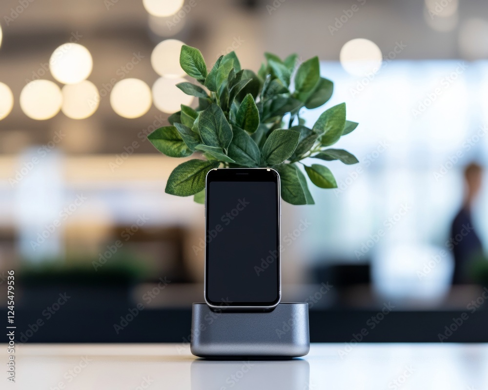 Leinwandbilder modern tech aesthetics sleek contactless payment terminal with smartphone and minimalist greenery - 