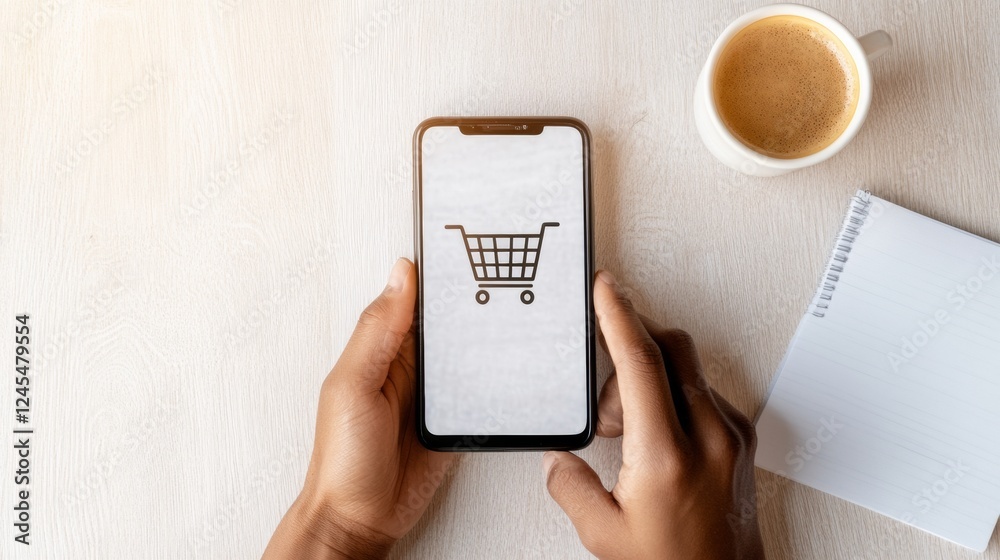 Poster minimalist mobile payment aesthetic e-commerce browsing with digital cart icon and coffee at sunny c