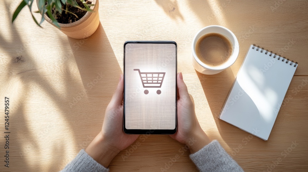 Poster minimalist mobile shopping experience e-commerce interface on smartphone at sunlit cafe table - enha