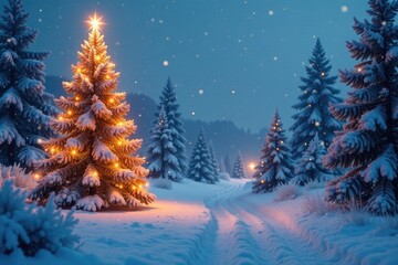 Frosty winter landscape with snow-covered trees and twinkling lights, holiday season, festive atmosphere, snowy trees