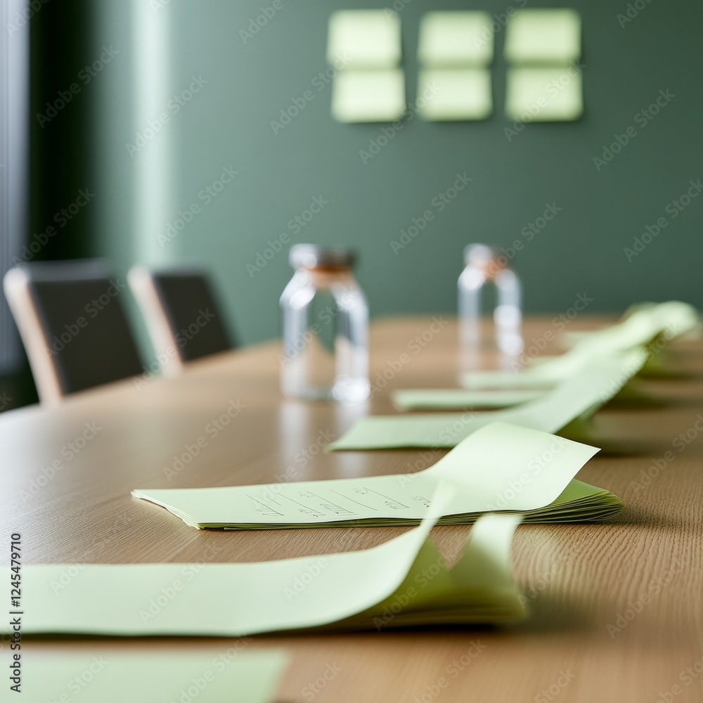 Leinwandbilder eco-friendly brainstorming hub green sticky note display on oak table with glass bottles - innovativ