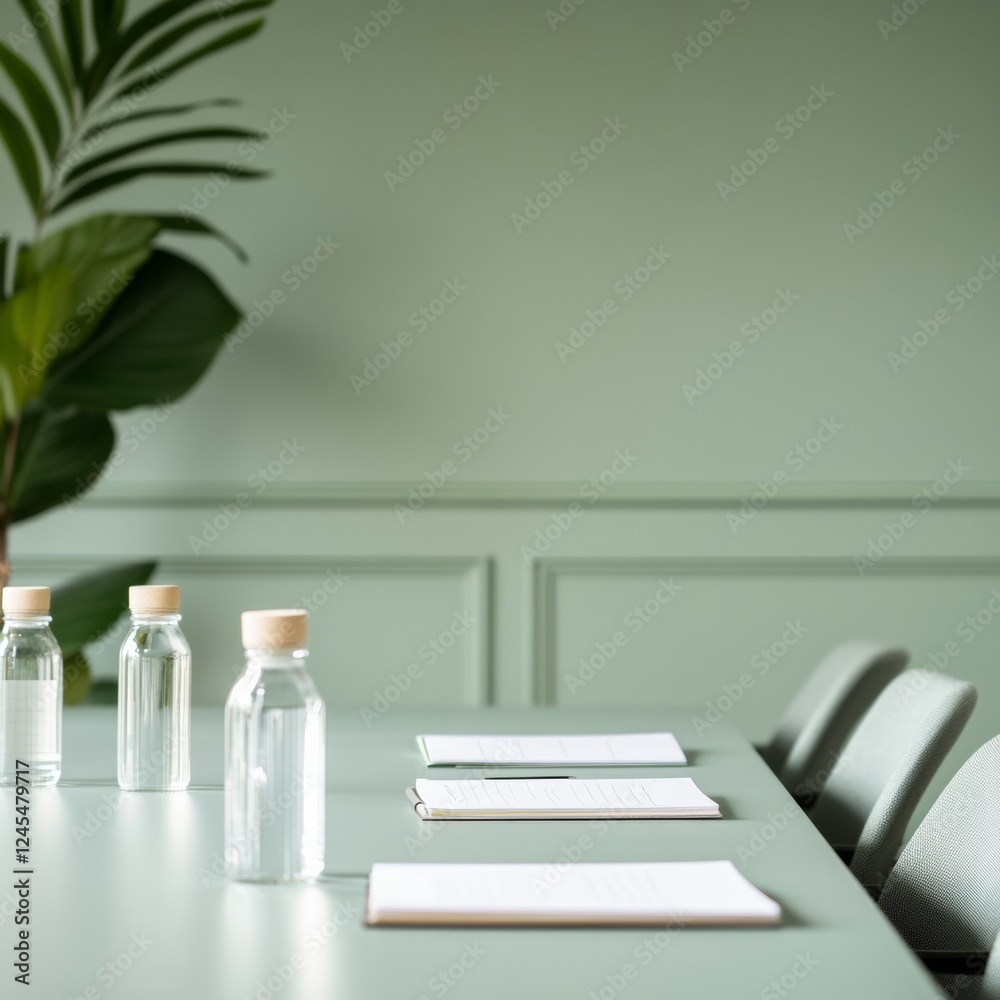 Aufkleber scandinavian meeting room design semi-circle layout with eco-friendly glass bottles and minimalist n
