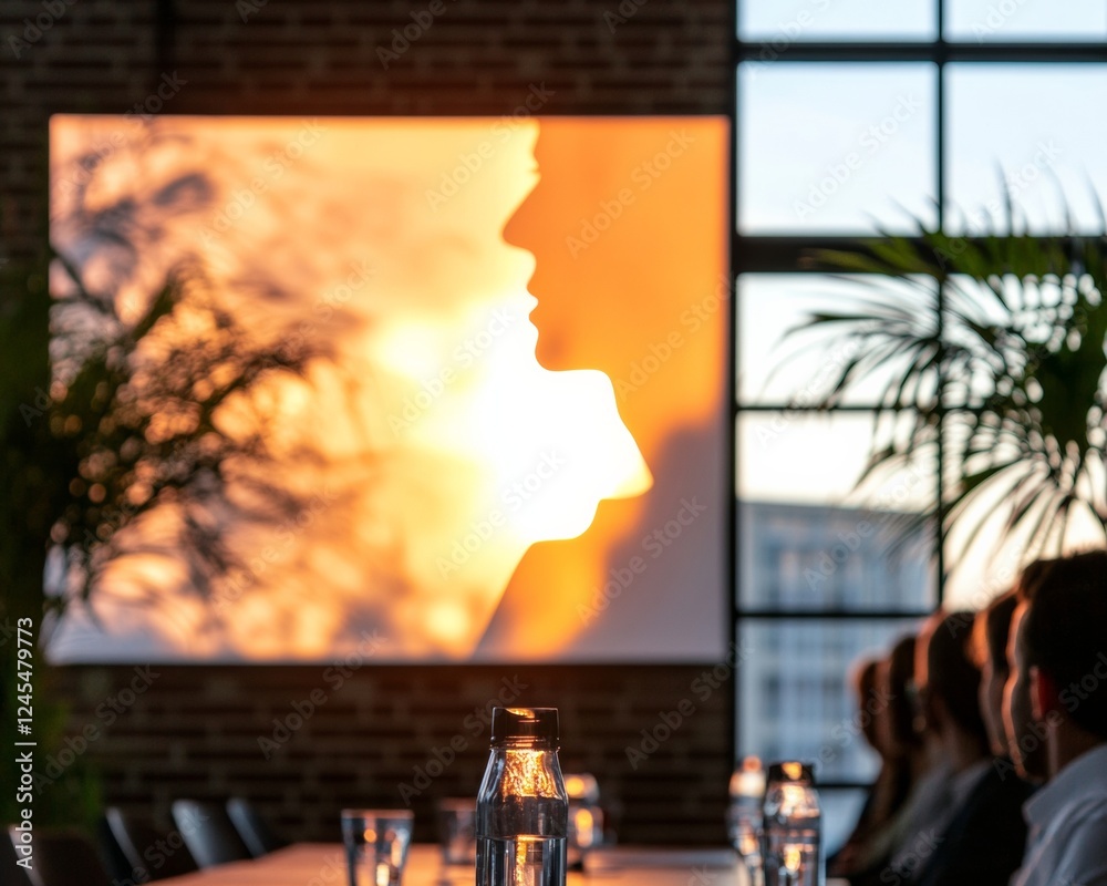 Aufkleber modern industrial meeting space sunlit presentation with projector screen and greenery - efficient c
