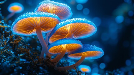 In a mystical forest, clusters of bioluminescent mushrooms emit a captivating glow against a dark background. The enchanting ambiance captures the beauty of nature at twilight