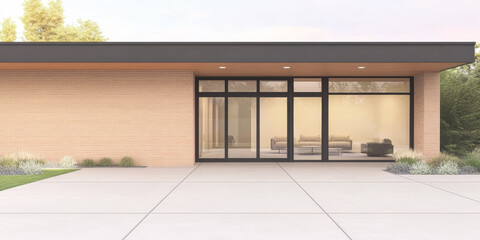 Modern house exterior with large windows and spacious patio area in a serene environment