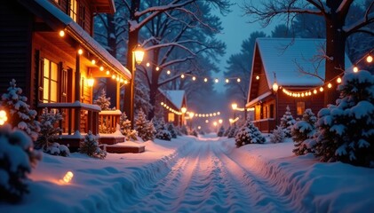 Naklejka premium Dazzling lights illuminate the snow-covered scene, illuminated, decorations, sparkling