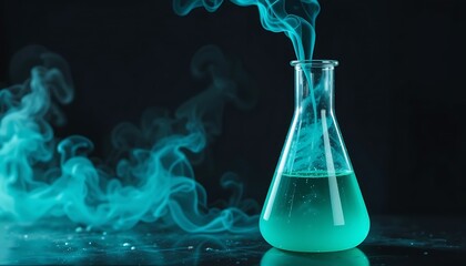 Mysterious teal liquid in Erlenmeyer flask with vibrant turquoise smoke rising, dark background, science experiment concept