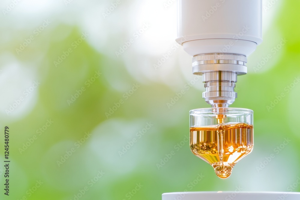 Aufkleber Minimalist Scientific Setup Precision Glass Instrument with Golden Solution on Bokeh Background - Advanced Lab Equipment for Research and Tech Innovation in Modern Science Industry