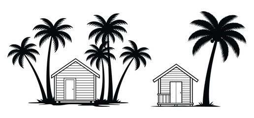  Summer Beach hut palm tree vector silhouette with white background 
 