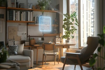 Fototapeta premium Holographic AI assistant in a study room projecting organized task lists.