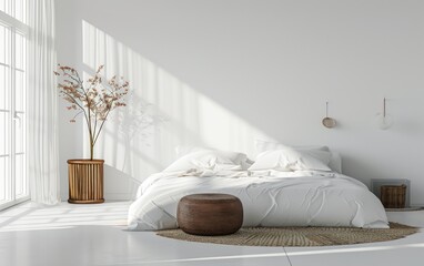 Comfort bedroom features a white bed, wooden accents, and natural light