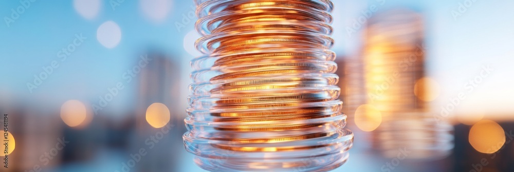 Poster futuristic wealth display stacked copper coins on reflective surface - investment strategy visuals f