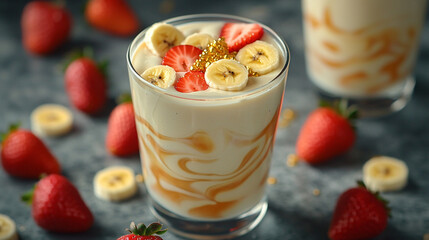 Luscious Swirling Milkshake Delight &ndash; A hyper-realistic scene of creamy yogurt swirling with liquid protein, adorned with vibrant sliced strawberries and golden banana pieces, creating a fresh and app